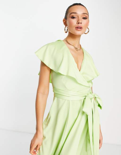 Closet London - Robe mi-longue à taille froncée et manches évasées - Vert citron, 3 de 4
