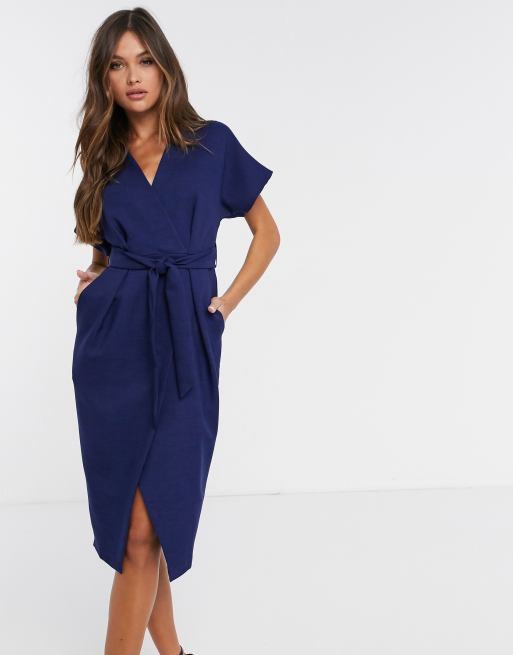 Closet London Robe mi longue cache c ur avec lien nouer Bleu marine