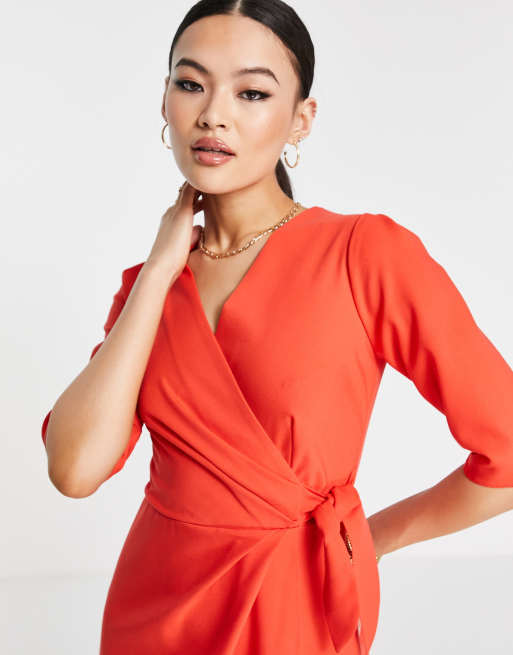 Closet London - Robe mi-longue nouée devant avec jupe portefeuille - Rouge, 3 de 4