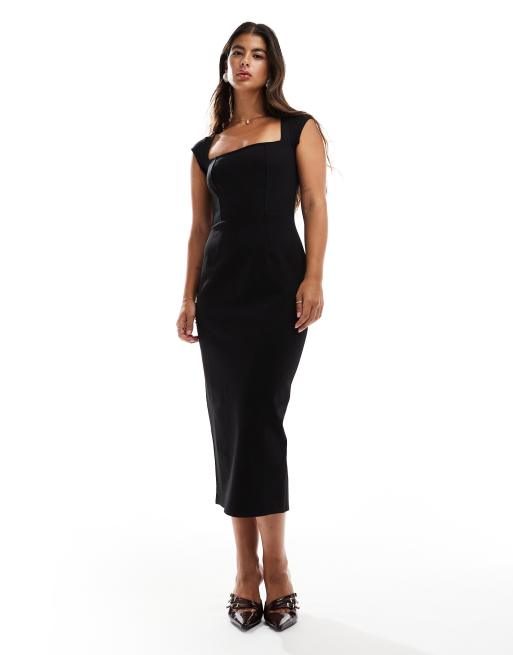 Closet London - Robe moulante longueur mollet à encolure carrée - Noir