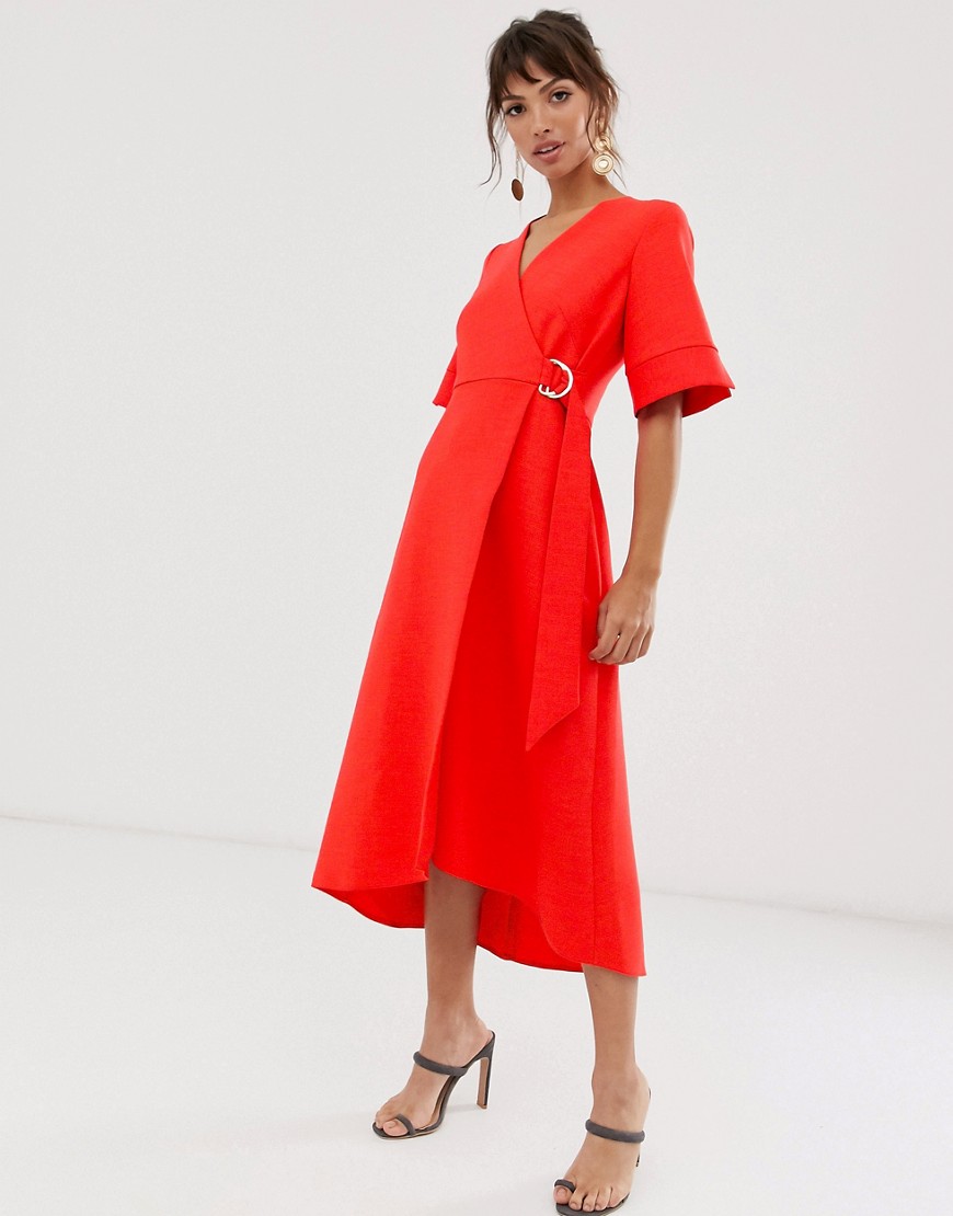 Closet London – Röd fodralklänning i omlottmodell med kimonoärm