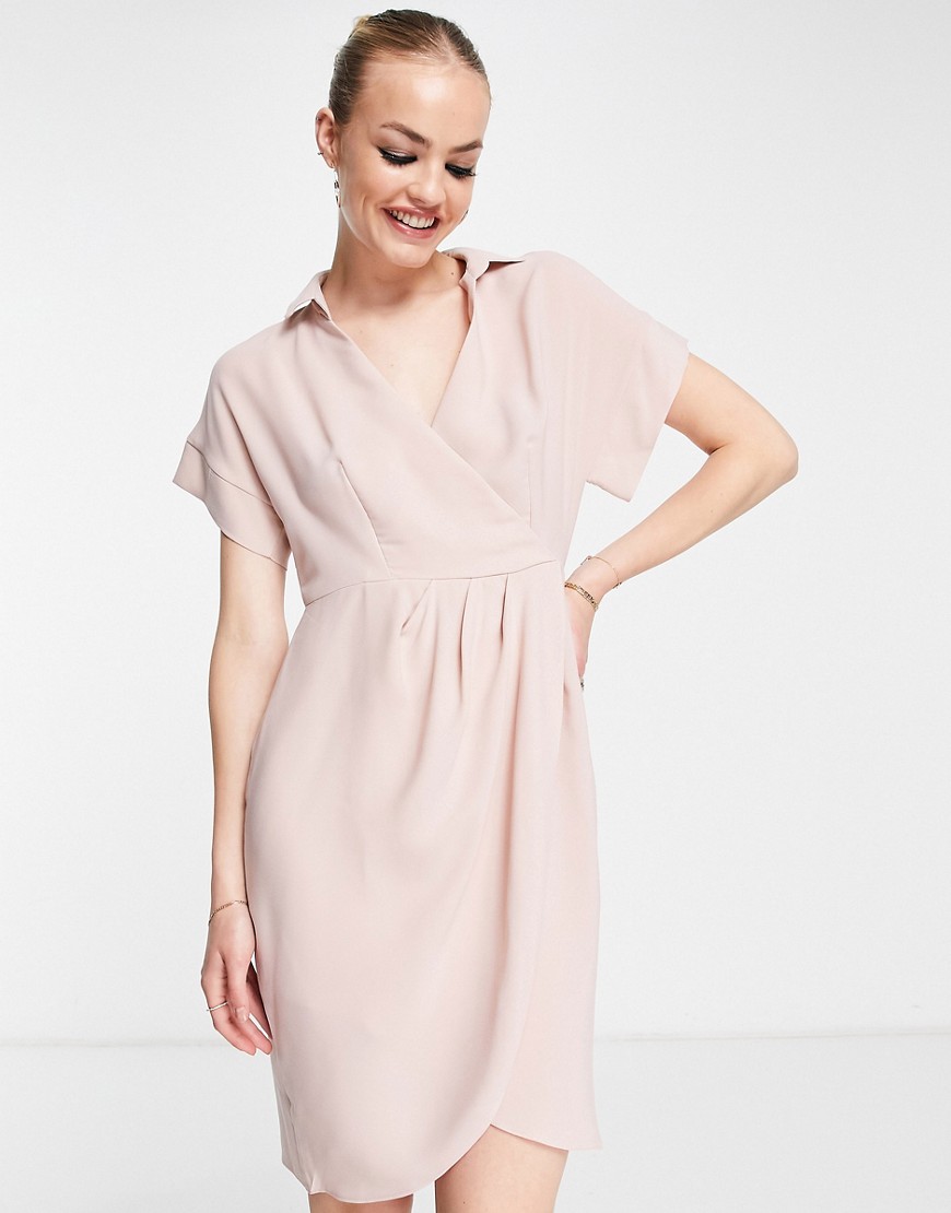 closet london - rosa kort skjortklänning med omlottdesign-vit/a