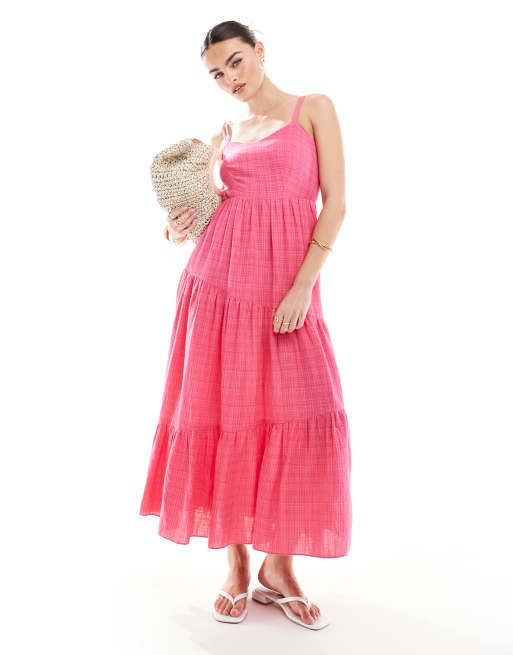 Closet London – Różowa trapezowa sukienka maxi w kratkę vichy