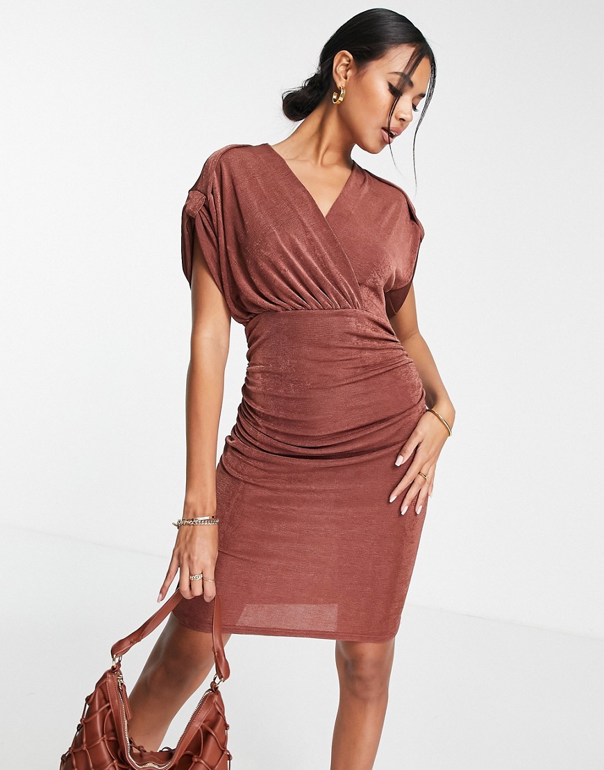 Closet London ruched sleeve wrap midi dress in chocolate brown
