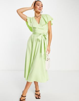 Closet London ruched waist flutter sleeve midi dress in lime