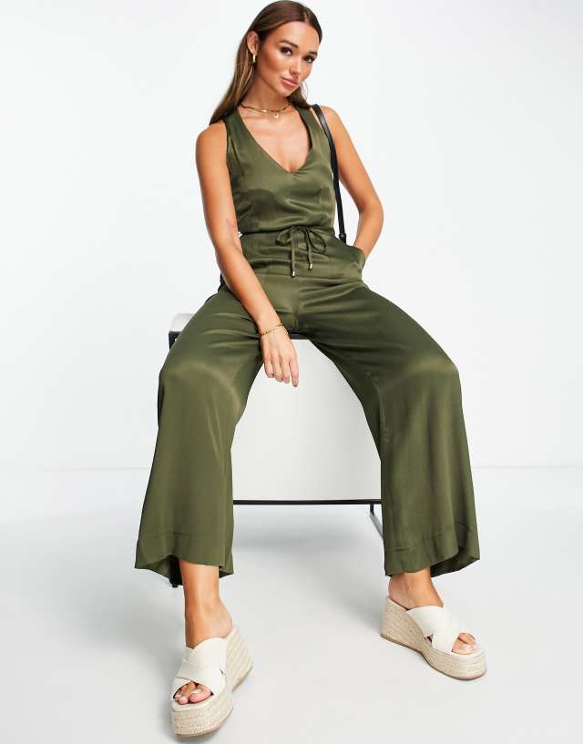 Closet London satin cross back jumpsuit in khaki