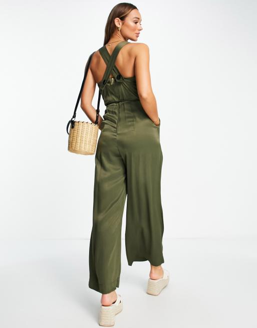 Khaki Satin Cowl Cross Back Jumpsuit