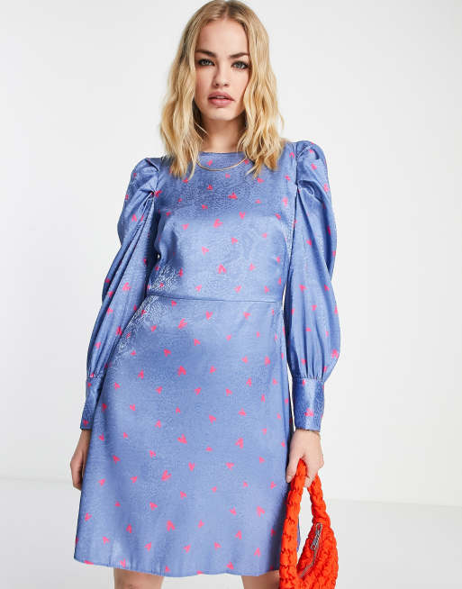 Closet London satin heart print mini dress with puff sleeves in blue | ASOS