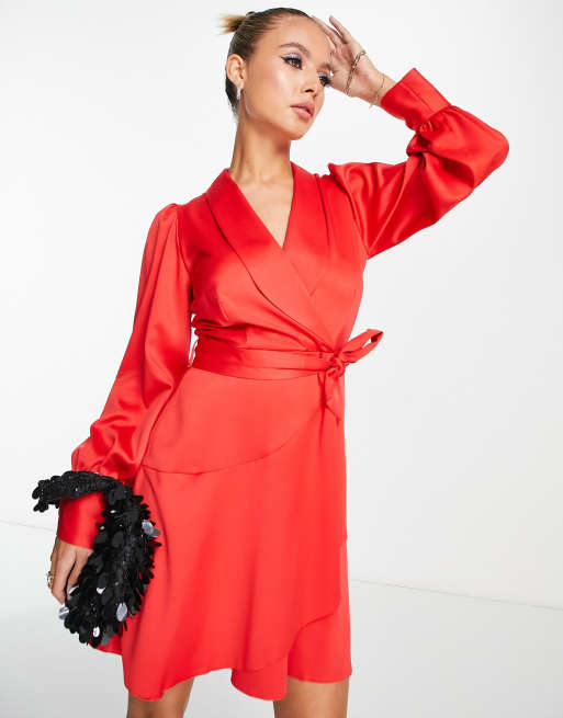 Red satin store wrap dress