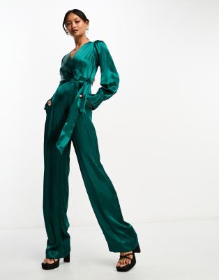 satin wrap wide leg jumpsuit in emerald-Green