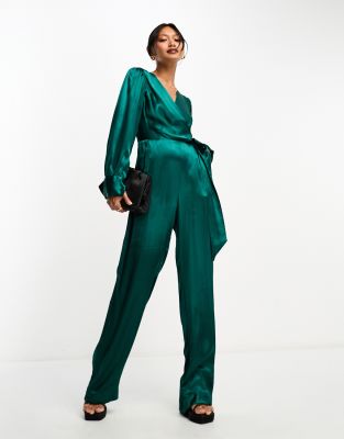 Closet London satin wrap wide leg jumpsuit in emerald | ASOS