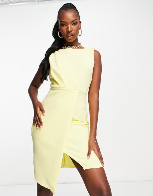 Closet London scuba midi pencil dress with wrap skirt in lemon ASOS