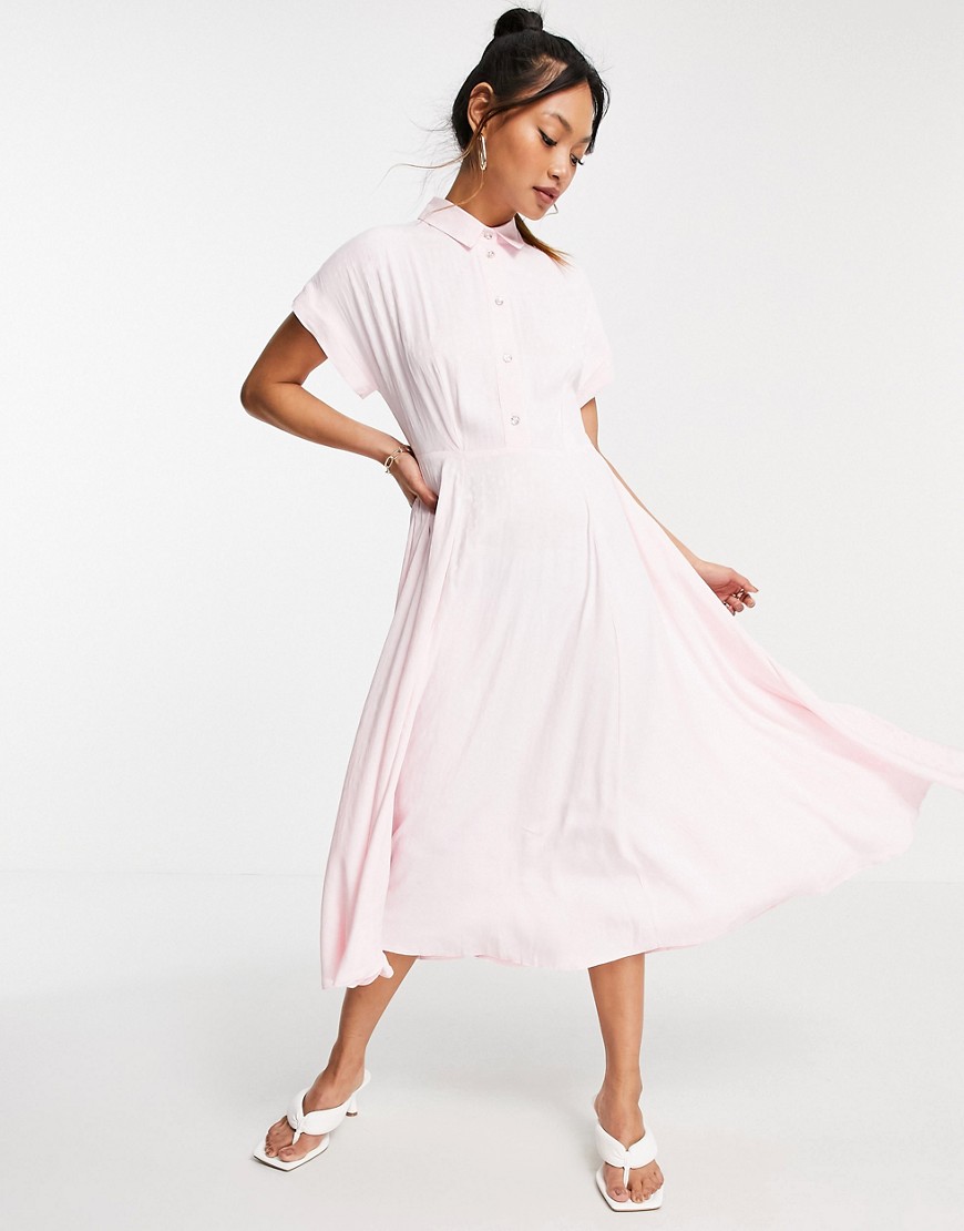 Closet London short fold sleeve shirt midi dress with crystal buttons in pink
