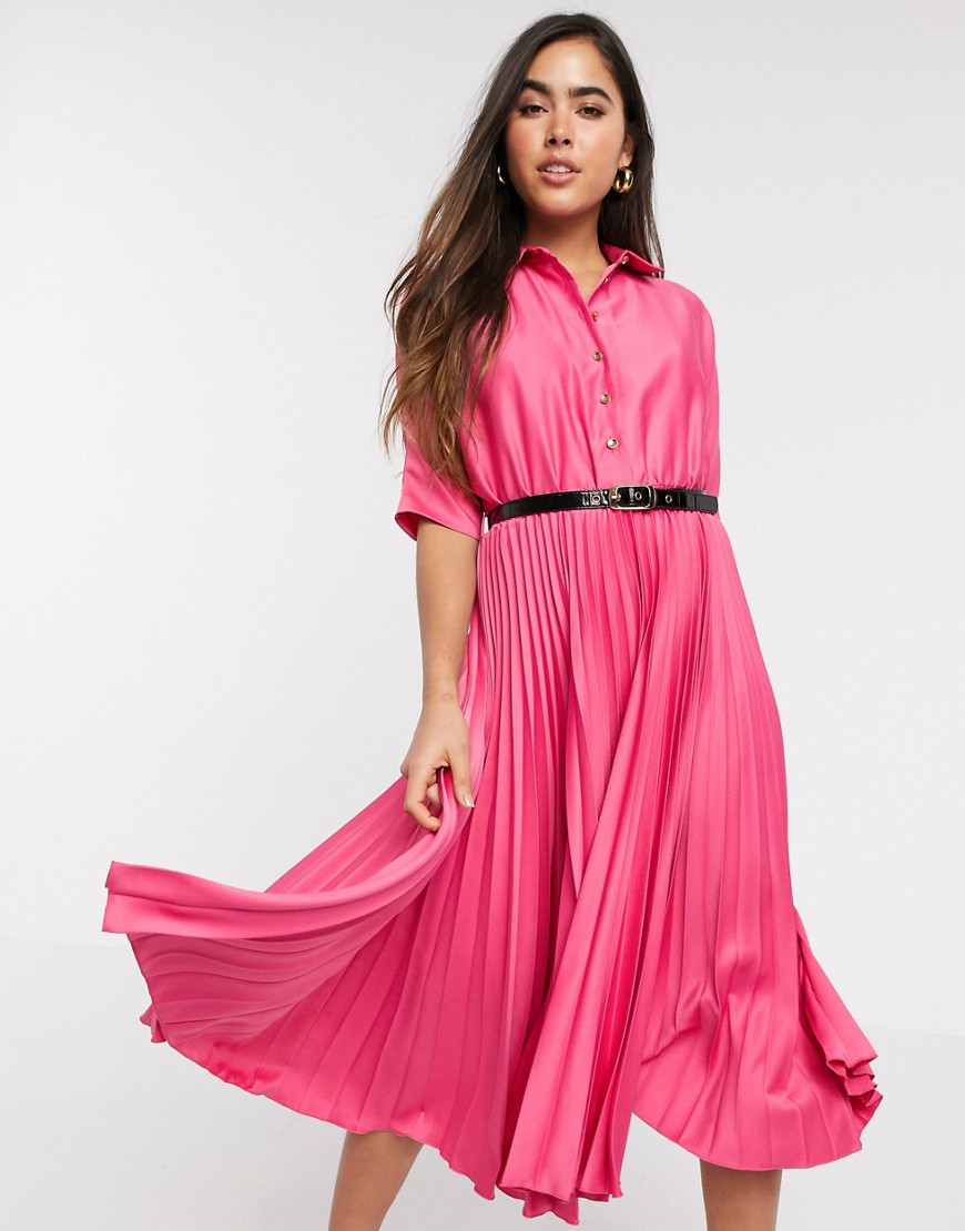 Closet London short sleeve pleated shirt midi dress in fuchsia-Pink