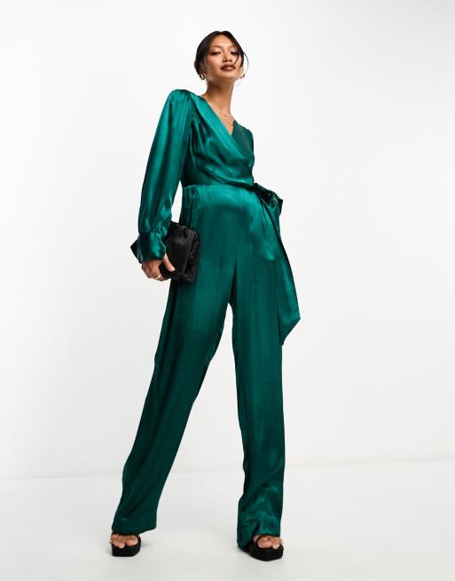Closet London – Smaragdgrön jumpsuit i satin med vida ben, 3 av 4