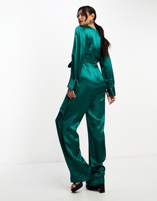 Closet London – Smaragdgrön jumpsuit i satin med vida ben, 4 av 4