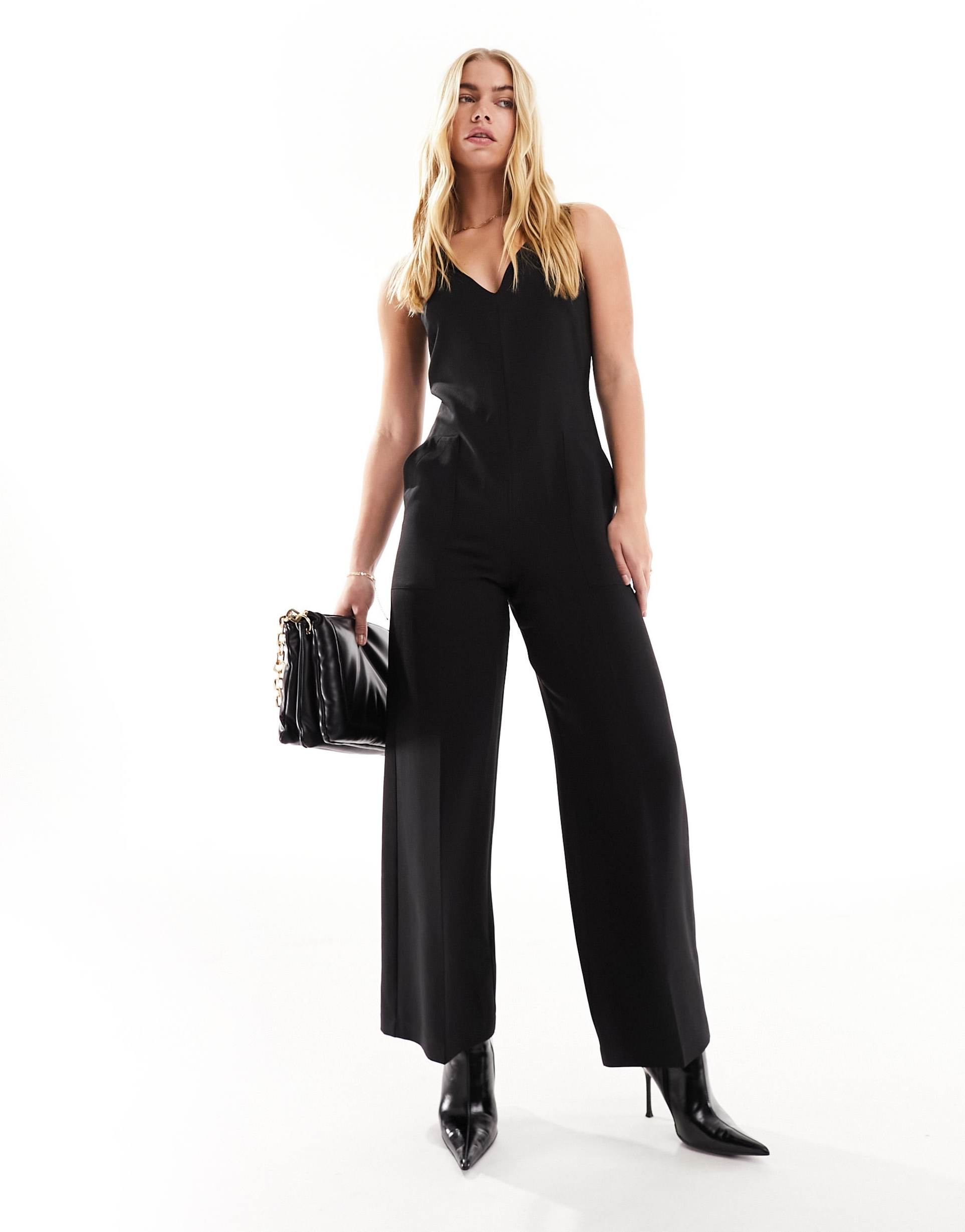 closet london tailored pinafore jumpsuit with pockets in black