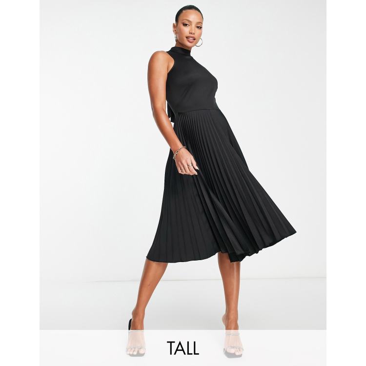 Closet London Tall high neck pleated midi dress in black