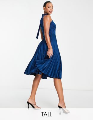 high neck pleated midi dress in navy