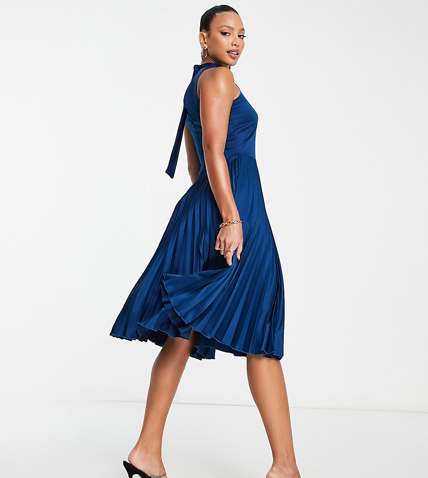 high neck pleated midi dress in navy