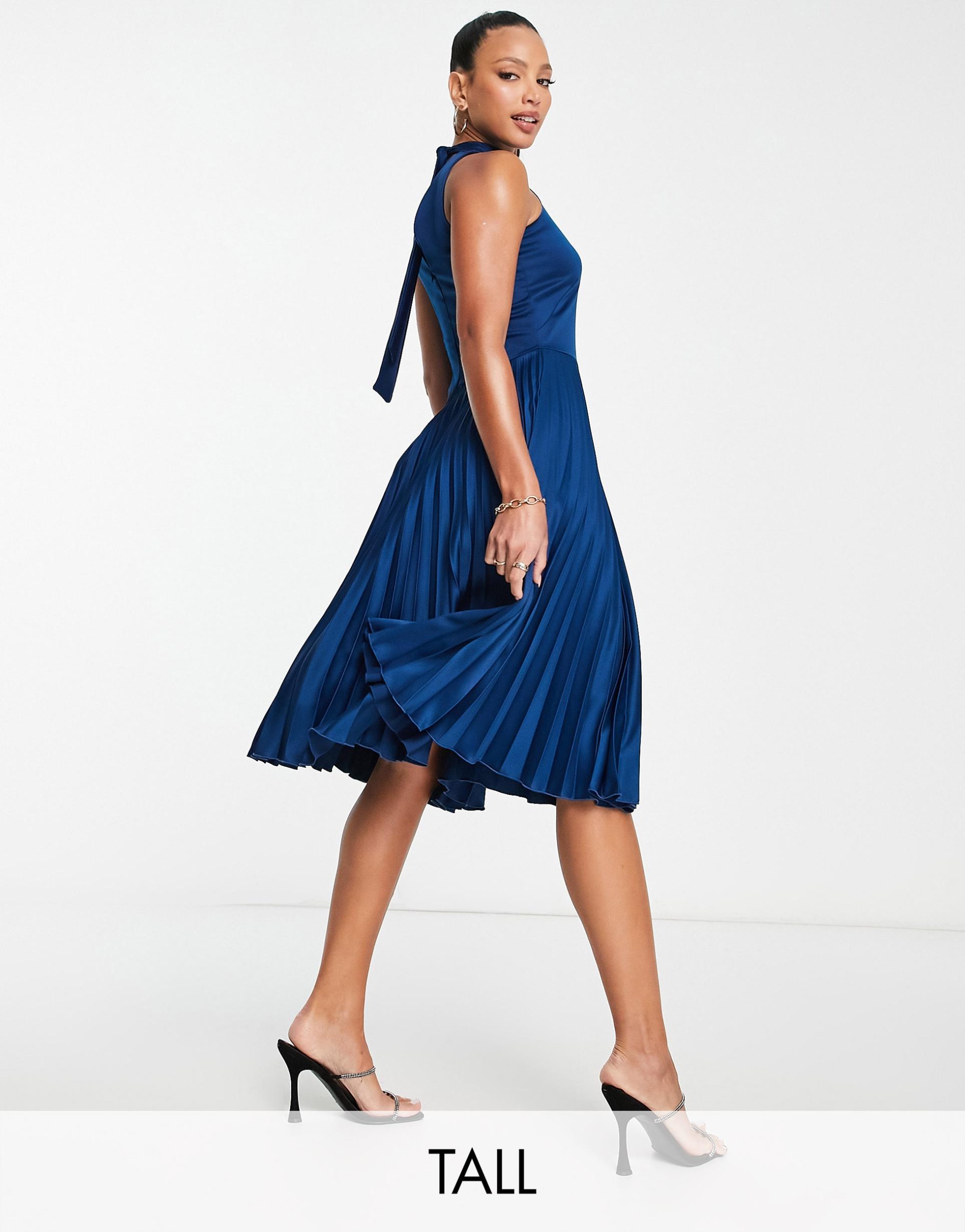 closet london tall high neck pleated midi dress in navy