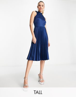 high neck pleated midi dress in navy