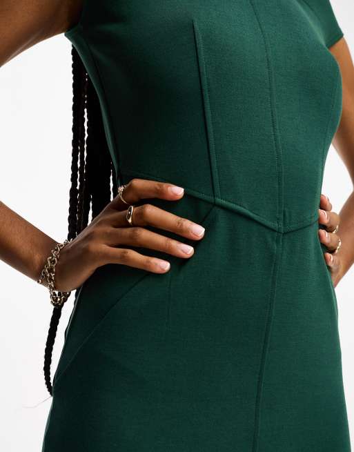 Closet London puff shoulder pencil dress with bodice detail in emerald