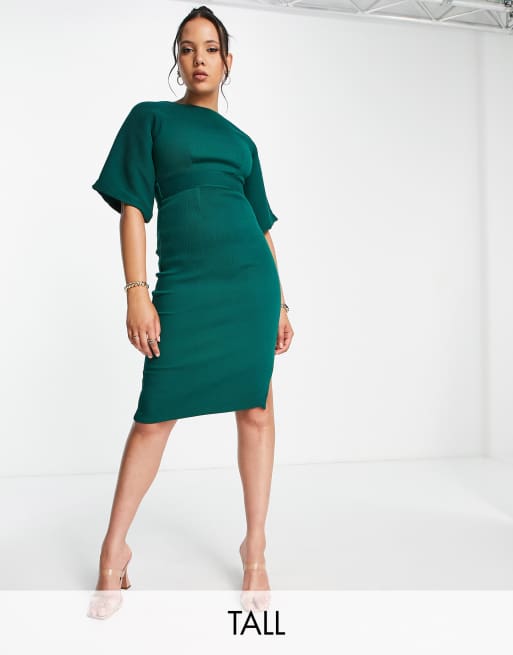 Closet London ribbed pencil dress with tie belt in emerald green