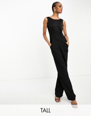 Closet London Tall - Satin-Jumpsuit in Schwarz mit Wasserfallausschnitt