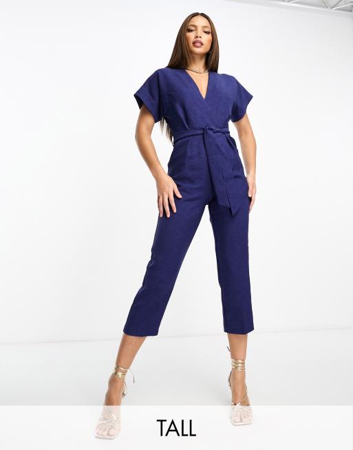 Closet London Tall tie waist kimono jumpsuit in navy