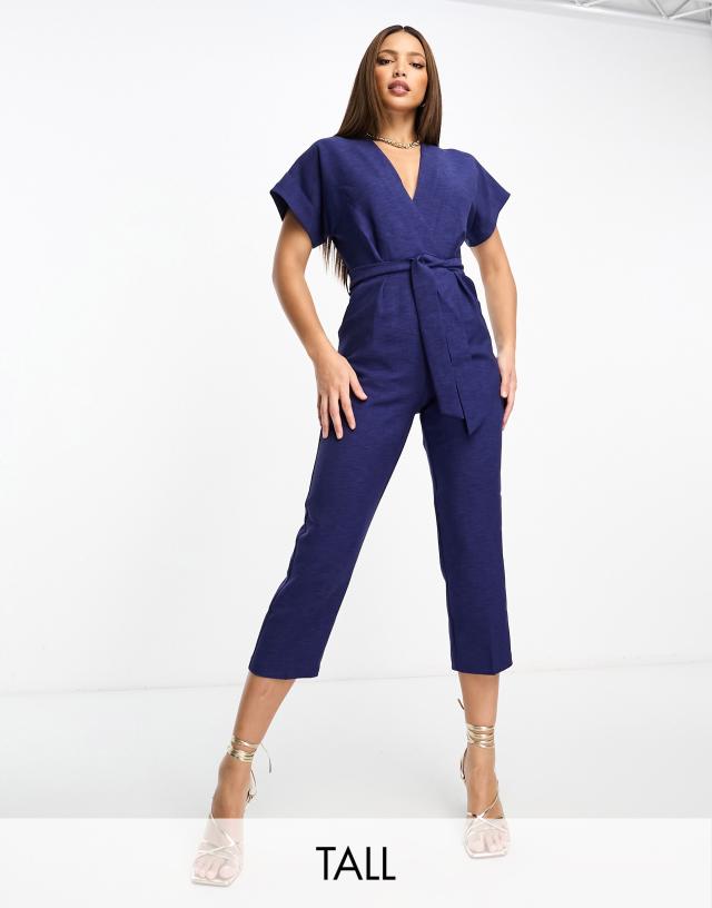 Closet London Tall tie waist kimono sleeve jumpsuit in navy