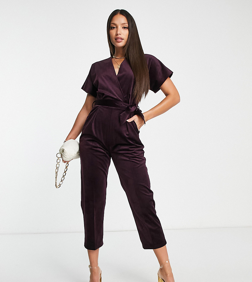 Closet London Tall velvet wrap jumpsuit in plum-Purple