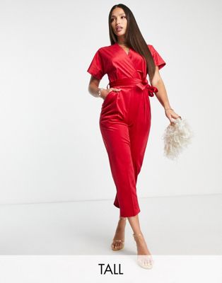 Closet London Tall Velvet Wrap Jumpsuit In Red