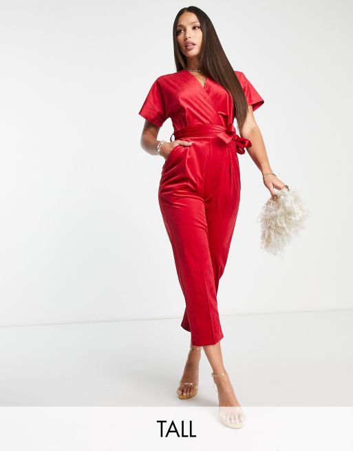 Closet London Tall velvet wrap jumpsuit in red