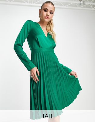 Closet London Tall Wrap Front Pleated Midi Skater Dress In Emerald-green