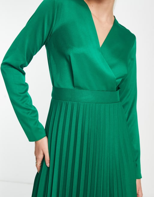 Closet London Tall wrap front pleated midi skater dress in emerald