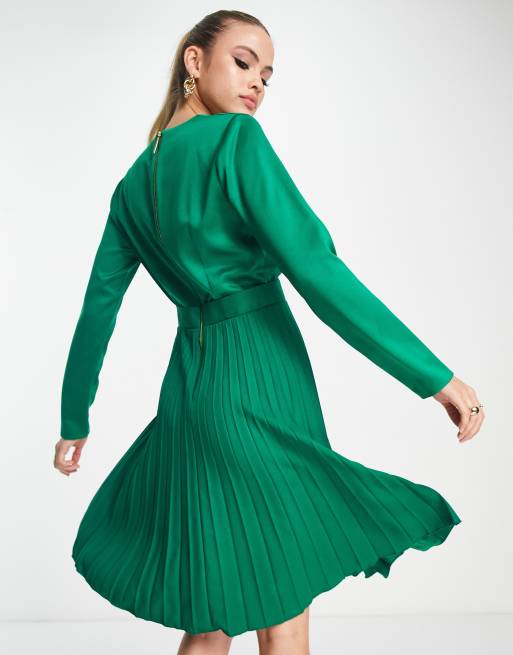 Closet London Tall wrap front pleated midi skater dress in emerald