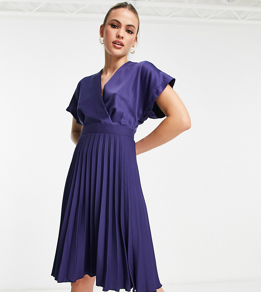 wrap front pleated midi skater dress in navy