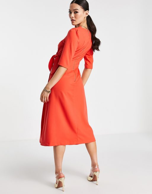 Closet London tie front midi dress with wrap skirt in red, 2 of 4