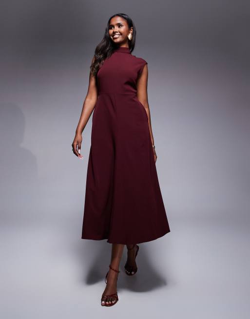 Closet London tie neck a-line dress in wine