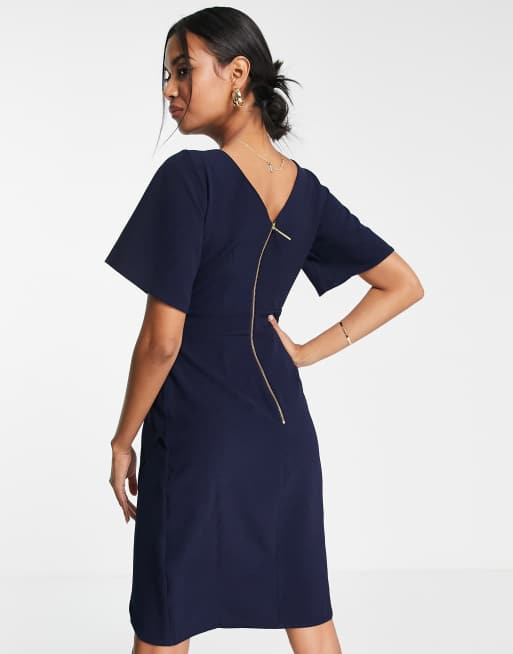 Closet London tie waist gathered pencil midi dress in navy