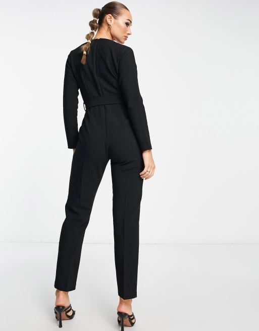 Closet London Petite tie waist kimono jumpsuit in black