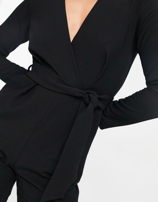 Closet London tie waist kimono jumpsuit in black