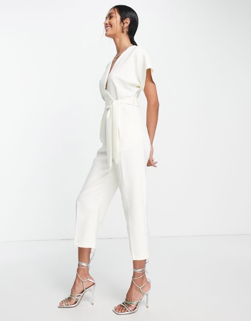 Closet London tie waist kimono jumpsuit in cream | ASOS