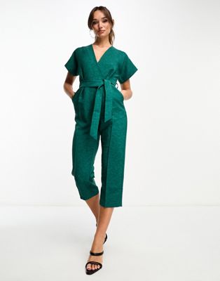 tie waist kimono jumpsuit in emerald-Green
