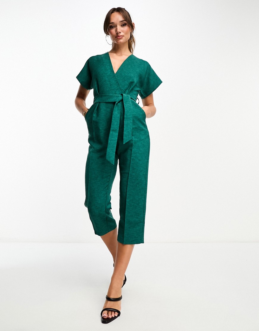 Closet London tie waist kimono jumpsuit in emerald-Green