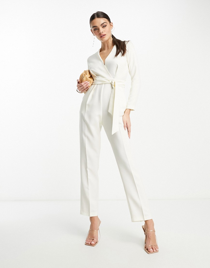Closet London tie waist kimono jumpsuit in ivory-White