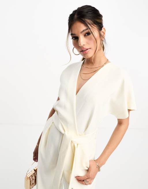 Closet London tie waist kimono jumpsuit in ivory | ASOS