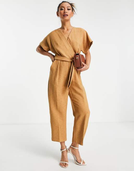 Closet London tie waist wrap jumpsuit in camel | ASOS