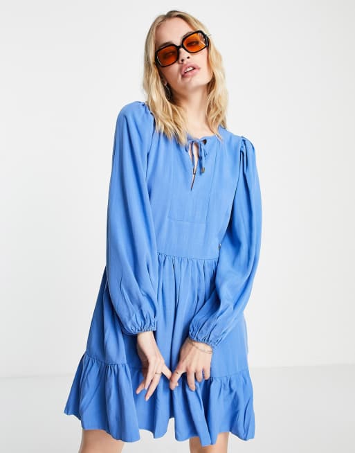 Closet London tiered mini smock dress in blue 